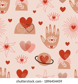 seamless pattern with love boho hand, sun, eye