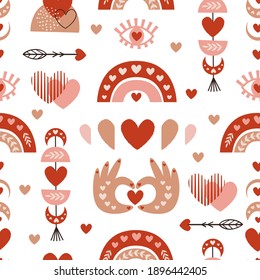 seamless pattern with love boho rainbow, eye, heart