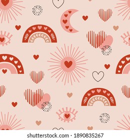 seamless pattern with love boho sun, rainbow, moon