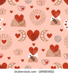 seamless pattern with love boho sun, eye, moon