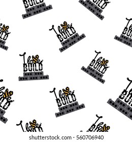 Seamless pattern with i love build inscription. Inspired by variety of road, building machinery. Vector background for decoration for children's room, invitations, website, mobile app.