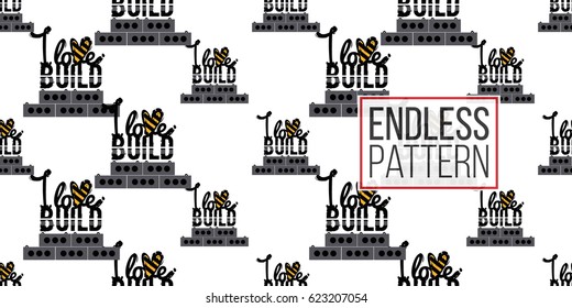 Seamless pattern with i love build inscription. Inspired by variety of road, building machinery. Vector background for decoration for children's room, invitations, website, mobile app.