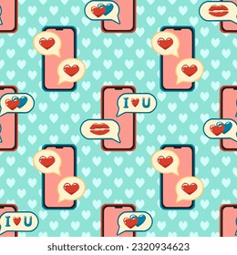 Seamless pattern with love chat icons and mobile phones for Valentine's day. Background for fabric design, wallpaper, wrapping paper and other printing. Design for greeting card and print.	