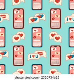 Seamless pattern with love chat icons and mobile phones for Valentine's day. Background for fabric design, wallpaper, wrapping paper and other printing. Design for greeting card and print.	