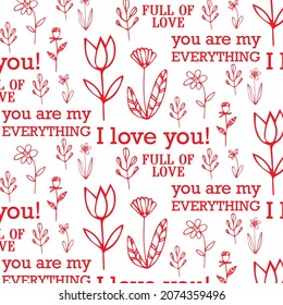 Seamless Pattern Love Collection On White. Flowers Minimalism Background. Wedding, Cute Cards, Posters, Packages.