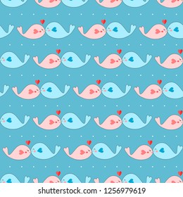Seamless pattern with love couple whales on blue background. Design for fabric, textile,
