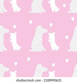 Seamless pattern of love with cute dogs. Happy Valentine's day. Hand-drawn  white on pink background.