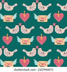 Seamless pattern love doves letter. Valentine's Day digital paper wallpaper textile fabric repeat background