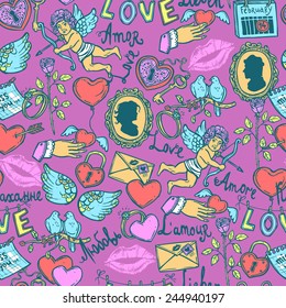 seamless pattern with love elements in sketch style for Valentin's day, key, Cupid, heart with arrow, rose, doves, wedding ring