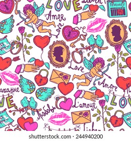 seamless pattern with love elements in sketch style for Valentin's day, key, Cupid, heart with arrow, rose, doves, wedding ring