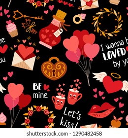 Seamless pattern with love elements. Vector illustration for Valentine's day. Romantic design with hearts, love letter, heart lock, love potion, coffee cup, balloon heart, lips, kiss