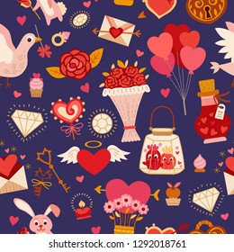 Seamless pattern with love elements. Vector illustration for Valentine's day. Romantic design with hearts, love letter, heart lock, rabbit and rose, bird, cactus, love potion, bouquet of flowers,