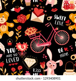 Seamless pattern with love elements. Vector illustration for Valentine's day. Romantic design with hearts, teddy bear, love letter, bike, rabbit and rose, cactus, bouquet of flowers