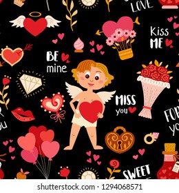 Seamless pattern with love elements. Vector illustration for Valentine's day. Romantic design with hearts, angel cupid, love letter, heart lock, love potion, bouquet of flowers, balloon heart