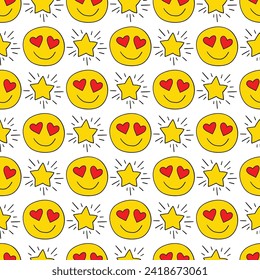 Seamless pattern with love emoticons and stars. Doodle romantic seamless pattern. Design for fashion textile print, wrapping