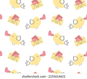 Seamless pattern with love envelope and cute bird with heart in her beak. Romantic background. Valentines day mail. Vector illustration.
