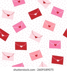 Seamless pattern with love envelopes decorated with heart seals on dotted white background. Flat vector illustration. Valentine day and romantic message concept