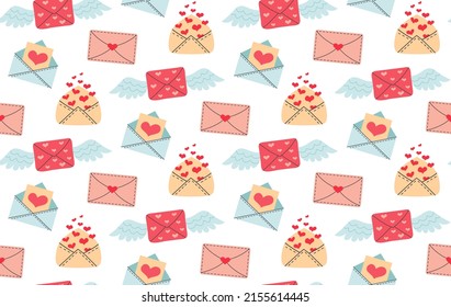 Nahtloses Muster mit Liebesumschlägen, Briefen, Herzen, Flügeln. Romantischer Hintergrund. Valentinstag-Post. Vektorgrafik.