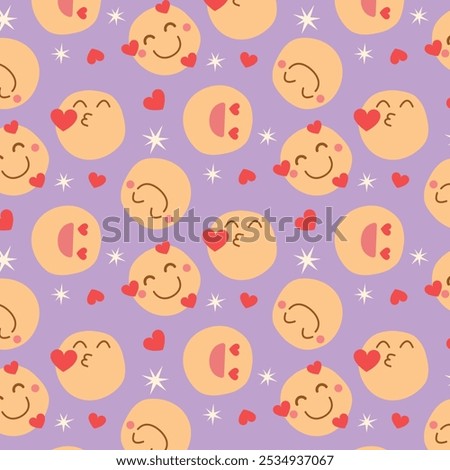 Seamless pattern with love faces Emoticons. Emoticon smile and kiss background. 