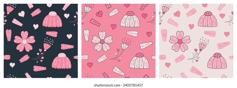 Seamless pattern with love flowers, petals with lettering and hearts. Each pattern is isolated. Nice print for cover, clothes, Valentines day card, wallpaper.  Vector illustration. Set. Not AI created