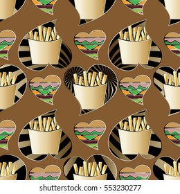 Seamless pattern. I love french fries. Vector background with french fries, hamburgers and love hearts. Perfect for menu. Fast food pattern background.
