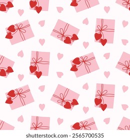 Seamless pattern of love gift boxes with hearts on isolated background. Design for Valentine's Day, wedding and mother’s day celebration, greeting cards, home decor, wrapping paper, scrapbooking.