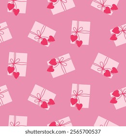 Seamless pattern of love gift boxes with hearts on isolated background. Design for Valentine's Day, wedding and mother’s day celebration, greeting cards, home decor, wrapping paper, scrapbooking.