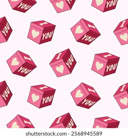 Seamless pattern of love gift boxes with I Love You hearts on isolated background. Design for Valentine's Day, wedding and mother’s day, greeting cards, home decor, wrapping paper, scrapbooking.