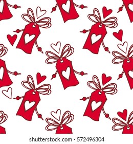 Seamless pattern with love gift tags and hearts on white background, vector illustration