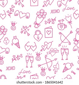 Seamless pattern of love. Happy Valentine's day. Hand-drawn doodles on white background.