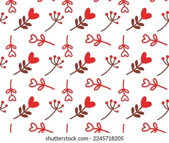 Seamless pattern of love. Happy Valentine's Day. Hand drawn doodles of branches on a white background. Lovely hearts, flowers