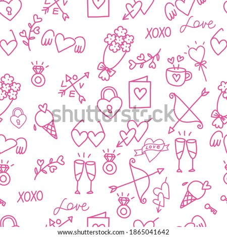 Seamless pattern of love. Happy Valentine's day. Hand-drawn doodles on white background.
