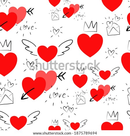 Seamless pattern of love. Happy Valentine's day. Hand-drawn  on white background.
