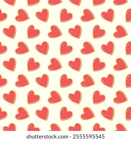 Seamless pattern of love heart cookies with strawberry glazing. Hand drawn design for Valentine’s Day, Mother’s day and wedding celebration, greeting cards, invitations, textile, home decor.