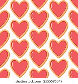 Seamless pattern of love heart cookies with strawberry glazing. Hand drawn design for Valentine’s Day, Mother’s day and wedding celebration, greeting cards, invitations, textile, home decor.