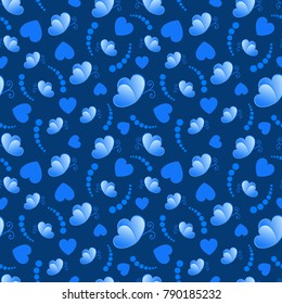 Seamless pattern with love hearts and butterflies for Valentine's Day of blue shades