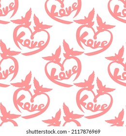 Seamless pattern with love hearts and doves on white background.