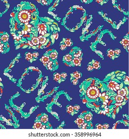Seamless pattern with love hearts, flowers and word 'Love" in decorative doodle style