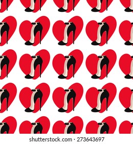Seamless pattern with love hearts and shoes. Vector illustration