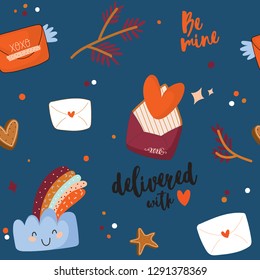 Seamless pattern with love illustration  with romantic elements. Valentines day illustrational with cloud, rainbow,letter, hearts. Color vector background. Good fabric design and wrapping paper