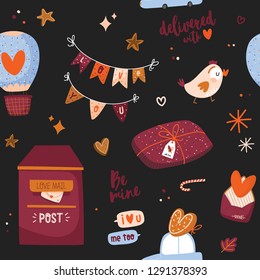 Seamless pattern with love illustration  with romantic elements. Valentines day illustrational with bird,letter, car, balloon. Color vector background. Good fabric design and wrapping paper