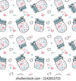 Nahtlose Muster der Liebe, ein Glas mit Herzen, für Textilien und Stoffe. Valentinstag