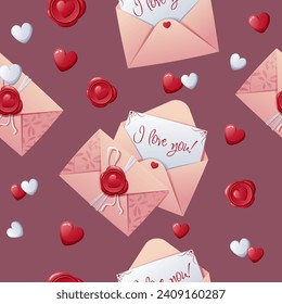 Seamless pattern with a love letter in an envelope with a wax seal and hearts. Great for wrapping paper, fabric, wallpaper, textiles. Background for Valentine's Day.