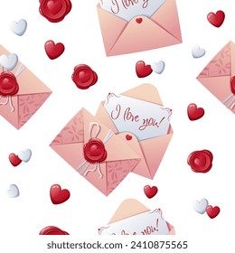 Seamless pattern with a love letter in an envelope with a wax seal and hearts. Great for wrapping paper, fabric, wallpaper, textiles. Background for Valentine's Day.