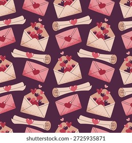 Patrón Sin Costuras Con Carta De Amor, Sobre Sellado Y Corazones En Estilo Plano. Textura de correspondencia del día de San Valentín de Antiguas para la tela, el fondo, el empaquetado, el Fondo de pantalla y el diseño superficial