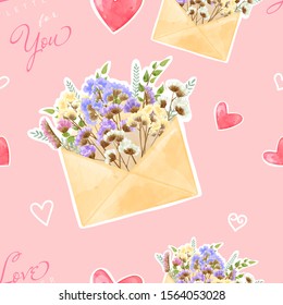 Seamless pattern of love letter for Valentine's day and any special celebration day. Design of flowers in watercolor painting and papercut. Aim using for wallpaper, banner, wrap paper, and printing.