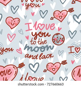 Seamless pattern with love lettering calligraphy and heart characters: I love you to the moon and back, background design