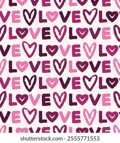 Seamless pattern with love lettering and hearts in pink and purple colors. Cute handwritten typography. Valentines Day concept. Love themed background design or wrapping paper. Vector illustration.