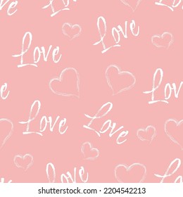 Seamless pattern Love lettering for textile, wrapping paper, wallpaper. Modern typographic background with hearts.