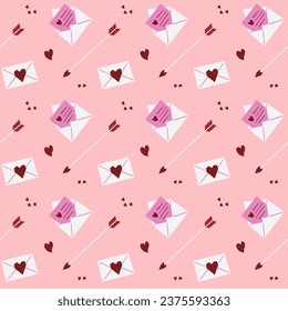 Patrón sin foco de cartas de amor, flechas y corazones. Un mensaje en un sobre para el Día de San Valentín. Patrón festivo para tela, papel envolvente, ropa. Ilustración vectorial.
